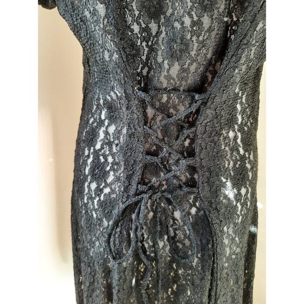 Vtg Black Sheer Lace Button Midi Dress Fit & Flare Whimsigoth 90s Corset Tie - Picture 7 of 10